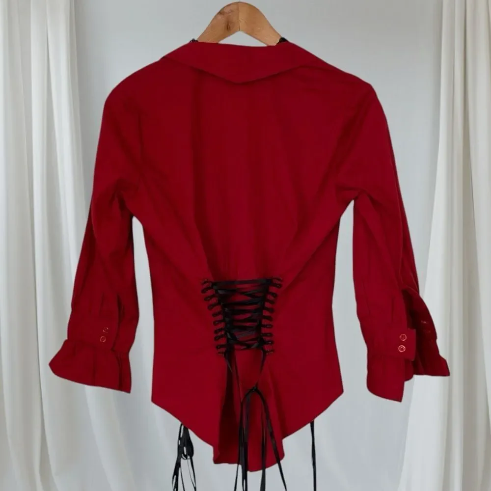 SCULLY Shirt Corset NWT Blouse Marion Ruffle Button Up Stretch Red Black Size M - Picture 12 of 14
